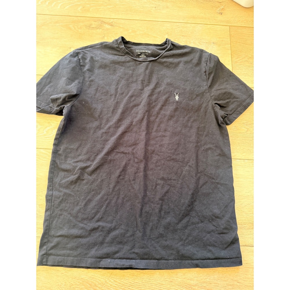 AllSaints T-Shirt Mens Large Black Slim Fit Organic Cotton Ramskull Logo 378
